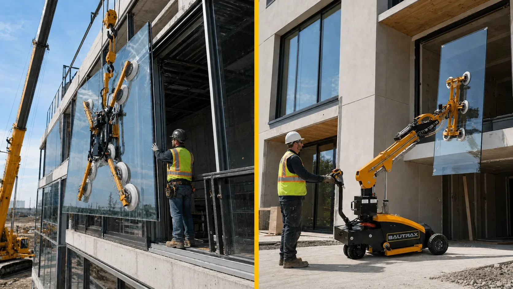 BAUTRAX XGL vacuum glass lifter and BAUTRAX VROB glass installation robot — side by side comparison