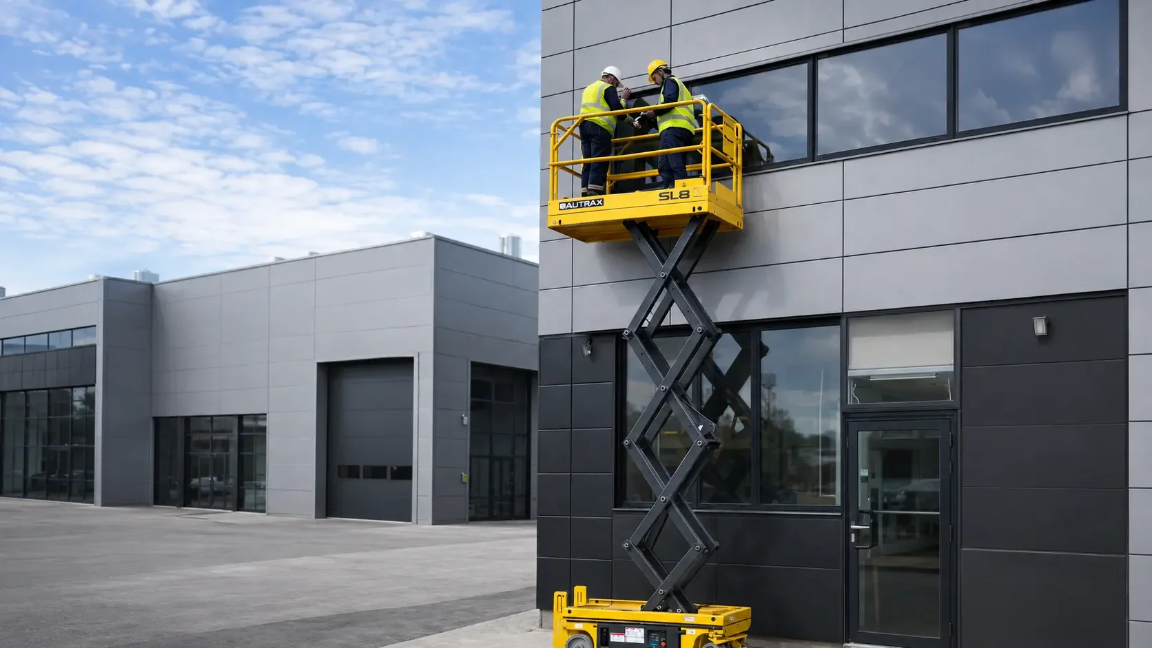 Workers on BAUTRAX SL8 scissor lift performing window maintenance