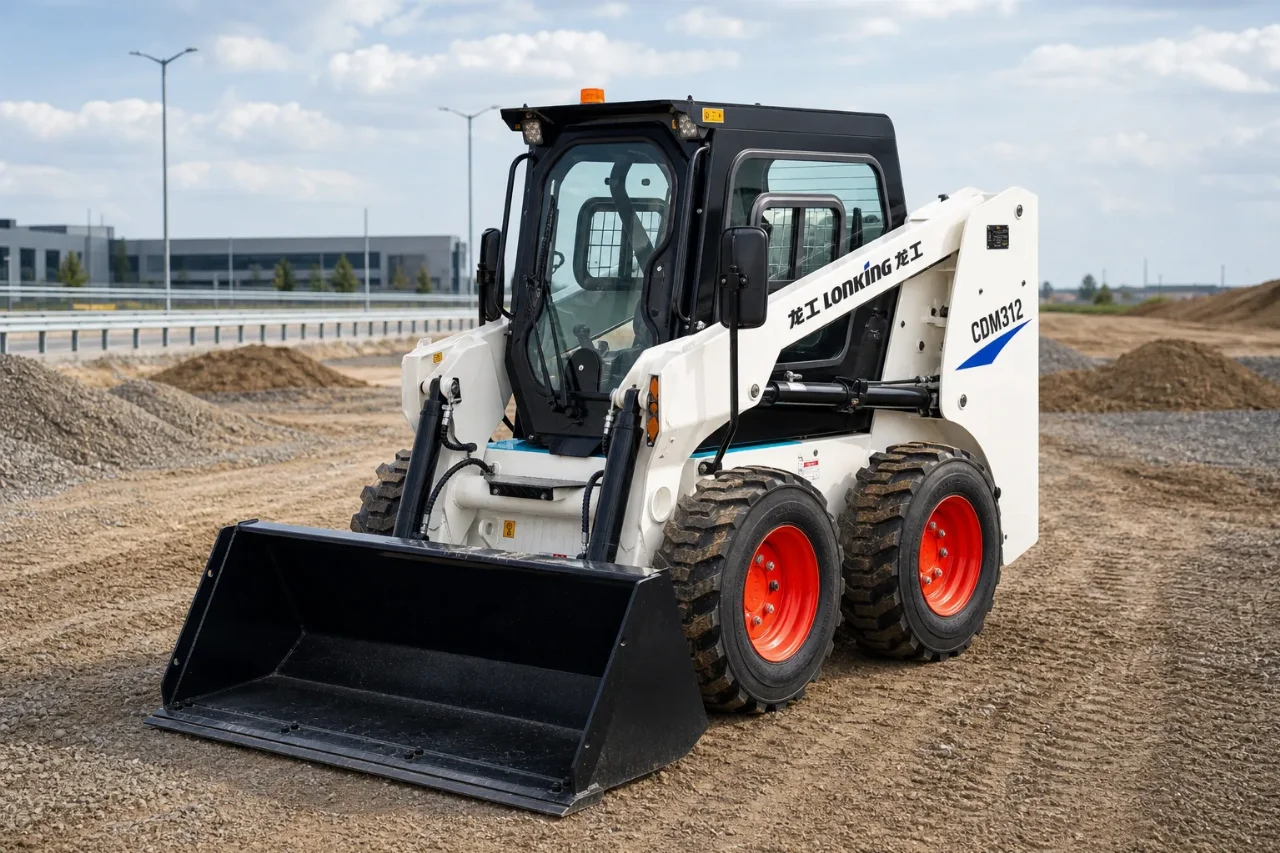 Lonking CDM312 mini skid steer loader front-left view with bucket and cabin visible.