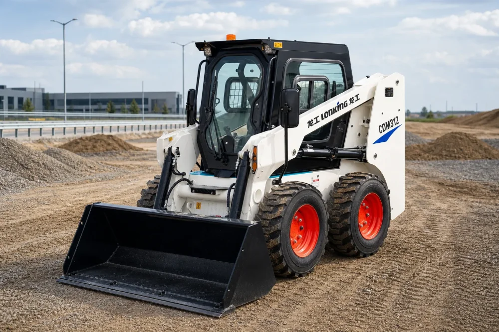 Lonking CDM312 mini skid steer loader front-left view with bucket and cabin visible.