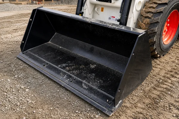 Bucket detail on the CDM312 mini skid steer loader for loading and grading work.