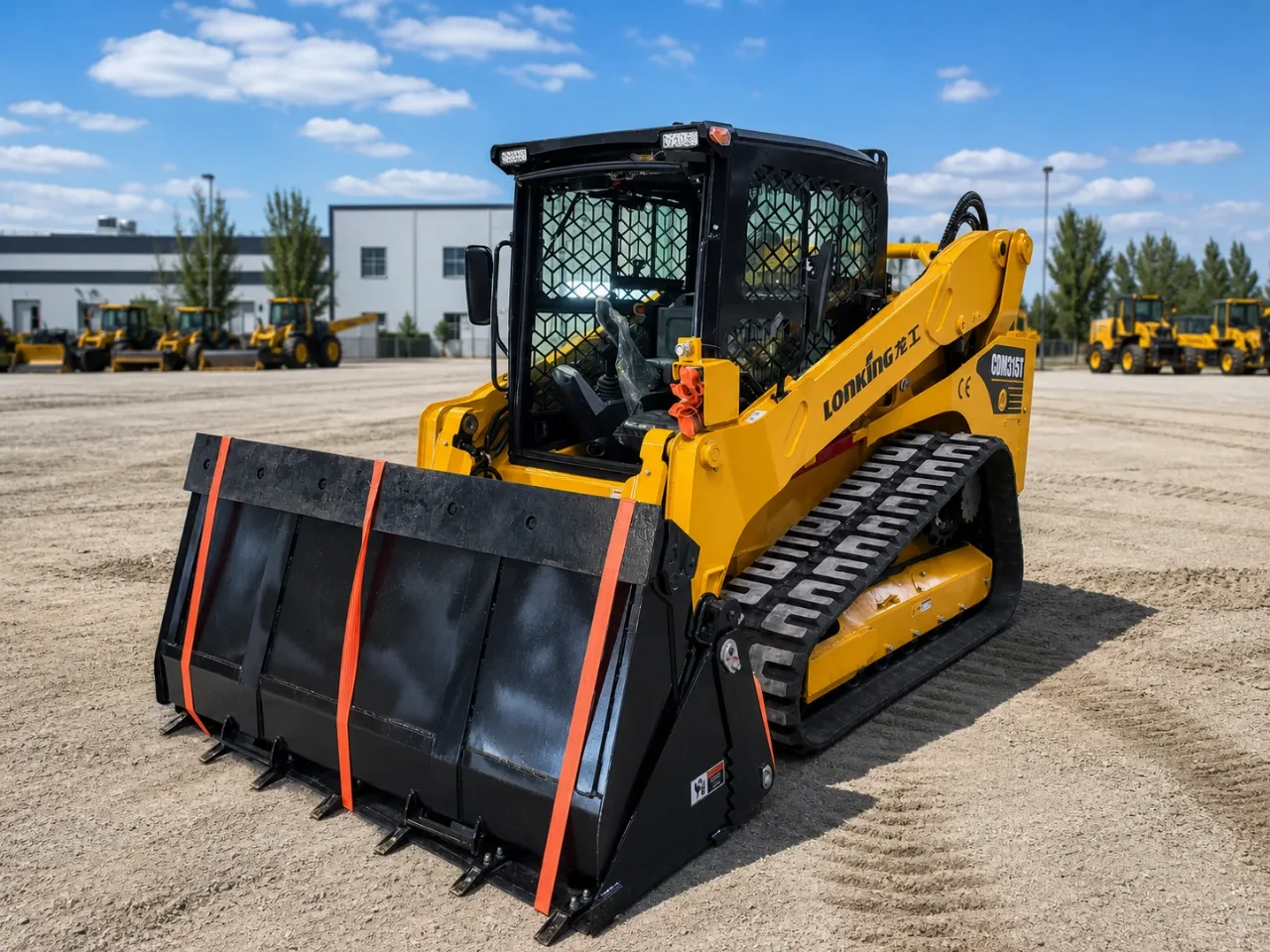 Lonking CDM315T compact track loader front bucket view with rubber tracks and cabin visible.