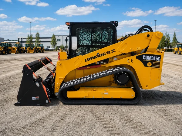 Left-side view of the CDM315T showing bucket, loader arms and rubber track system.