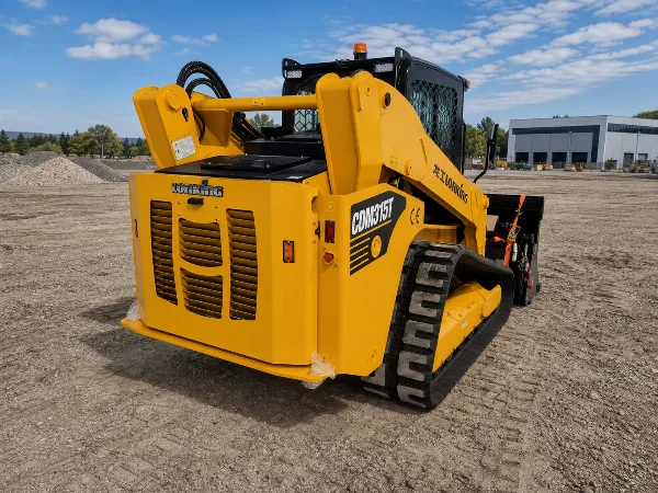 Rear-right view of the CDM315T with engine cover, track base and model marking visible.