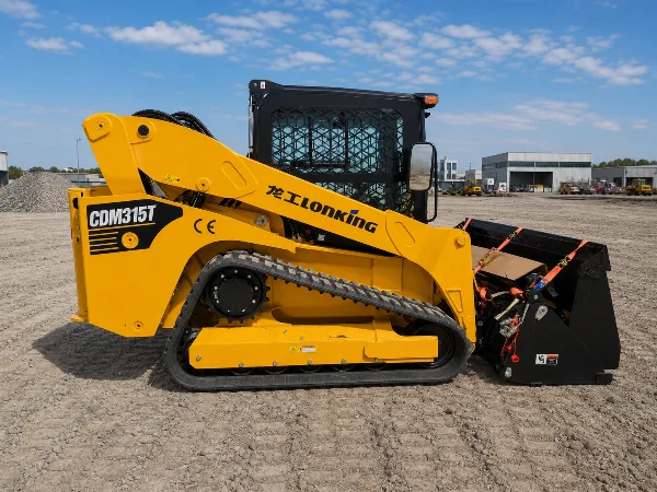 Side profile of the CDM315T compact track loader showing track contact and machine stance.