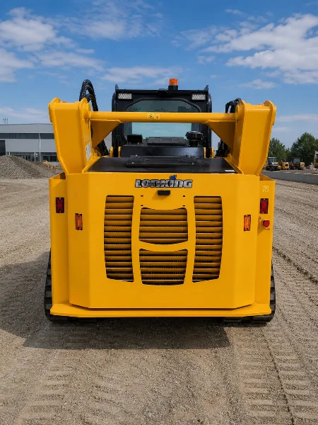 Rear view of the CDM315T compact track loader showing service access and machine width.