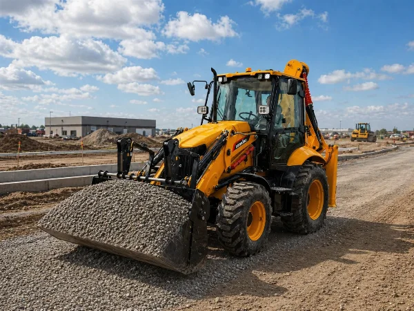 Lonking 83C backhoe loader moving gravel with the front bucket on a road construction site.