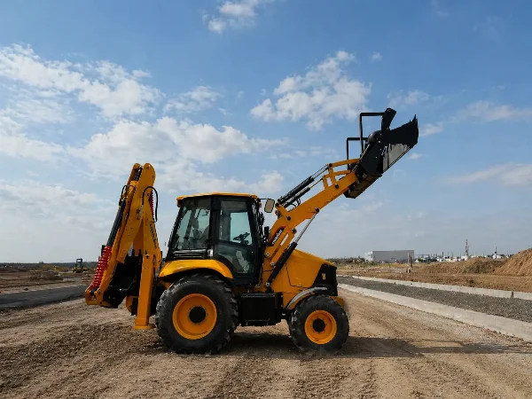 Lonking 83C backhoe loader - side profile with raised bucket.