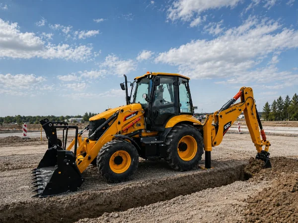 Lonking 83C backhoe loader digging a utility trench with the rear excavator arm on an infrastructure site.