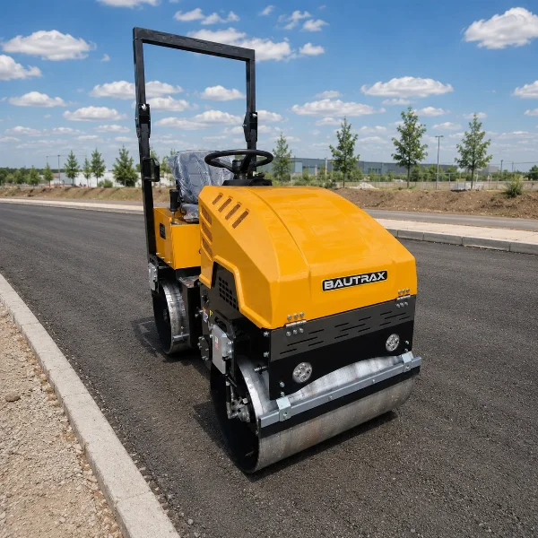Front-right view of the Bautrax DR10 with front drum and compact roadwork stance visible.
