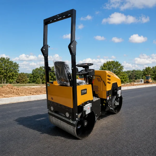 Rear-left view of the Bautrax DR10 tandem roller on a clean asphalt compaction site.