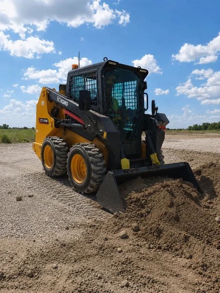 XCMG XC7-SR08 mini skid steer loader moving soil with bucket on a construction worksite.