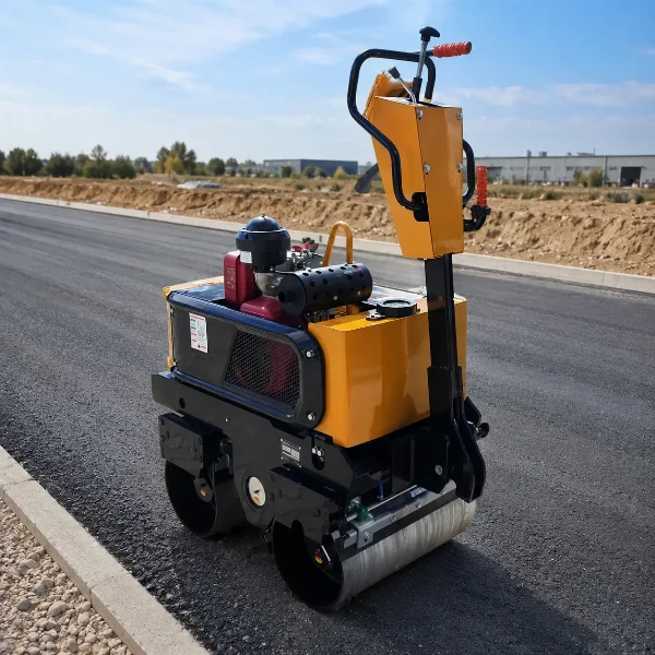 Bautrax WBR08 double drum roller rear-left view for asphalt and paving compaction.
