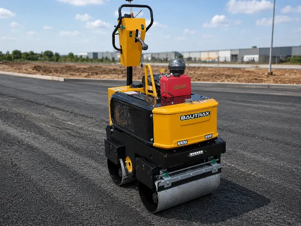 Front-right WBR08 view on fresh asphalt with both steel drums visible.