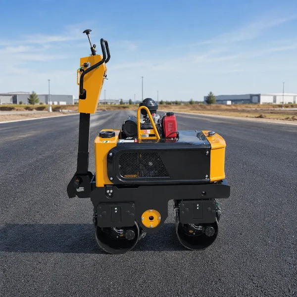 Side-rear view of the WBR08 double drum compactor working on fresh asphalt.