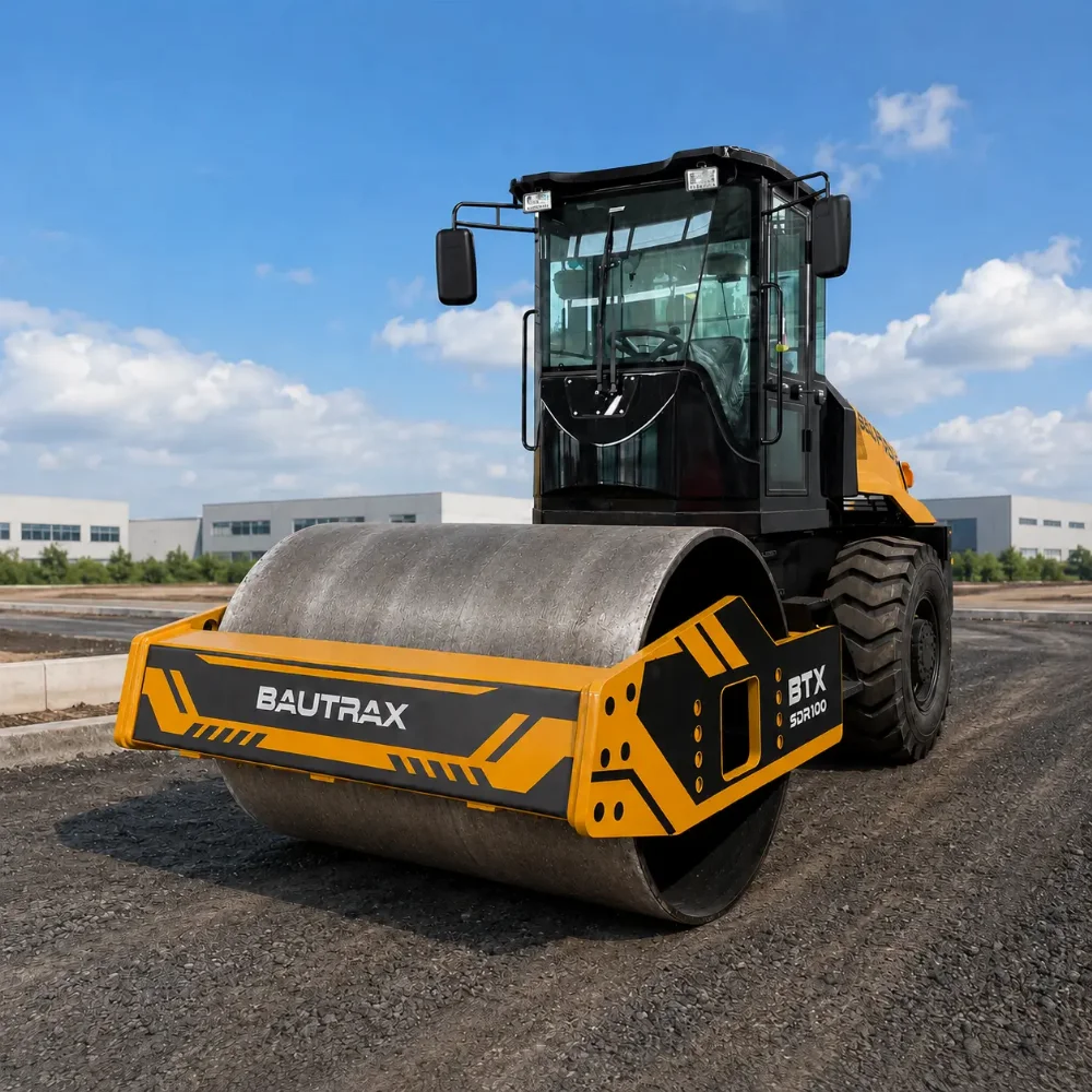 Bautrax SDR100 single drum roller front-left view for soil and road-base compaction.