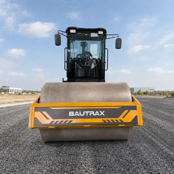 Front view of the SDR100 with BAUTRAX drum branding and full cabin visibility.