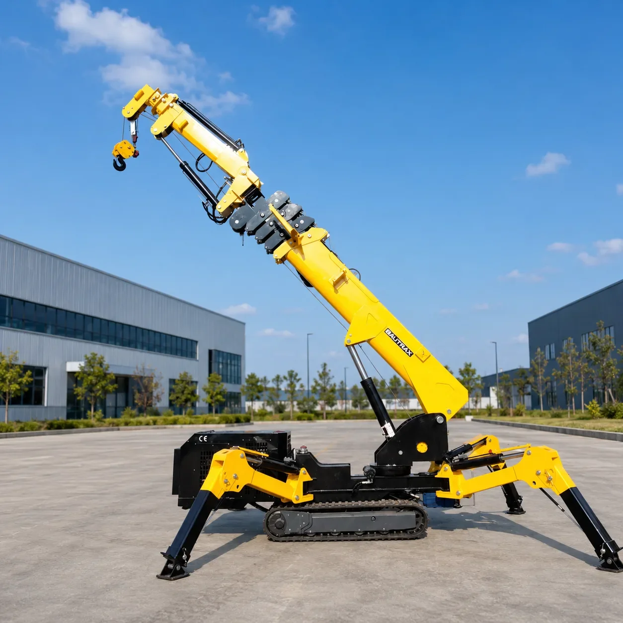 Bautrax SPC30 crawler spider crane in side lifting position with deployed outriggers.