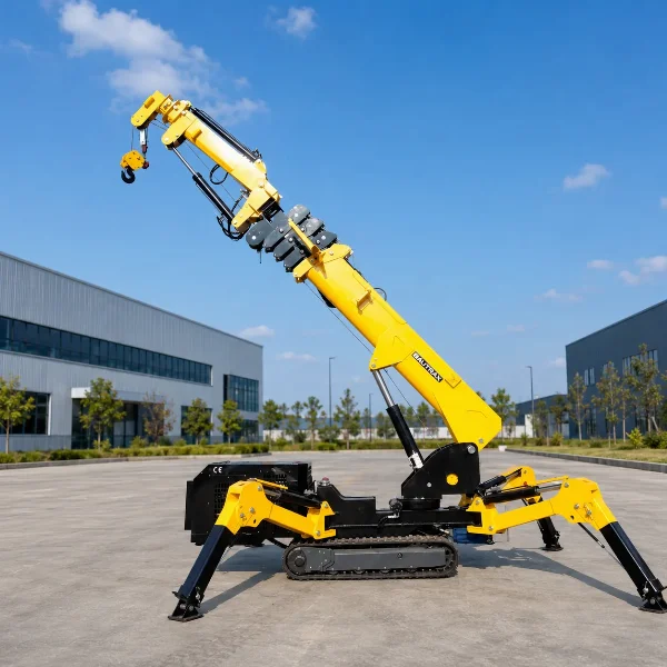 Bautrax SPC30 crawler spider crane in side lifting position with deployed outriggers.