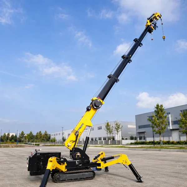 Side profile of the Bautrax SPC30 spider crane with raised boom and crawler tracks.
