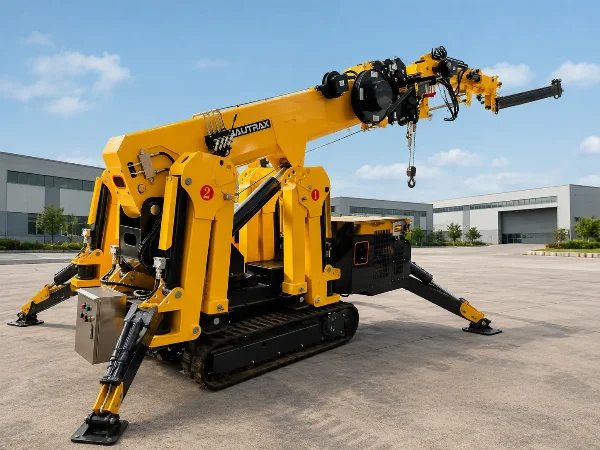 Front-right view of the compact Bautrax SPC30 with folded boom and stabilizer legs.