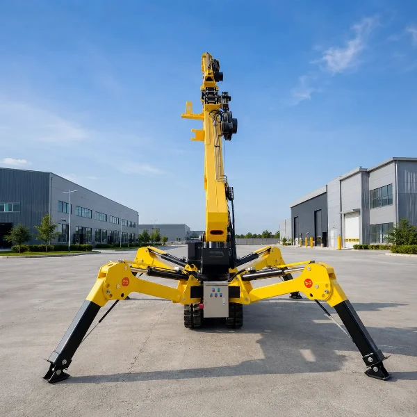 Front view of the SPC30 spider crane showing outrigger footprint and upright boom.