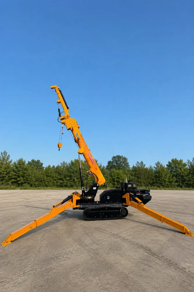 BAUTRAX SPC50 spider crane with fully deployed outriggers and raised boom on an open concrete lot