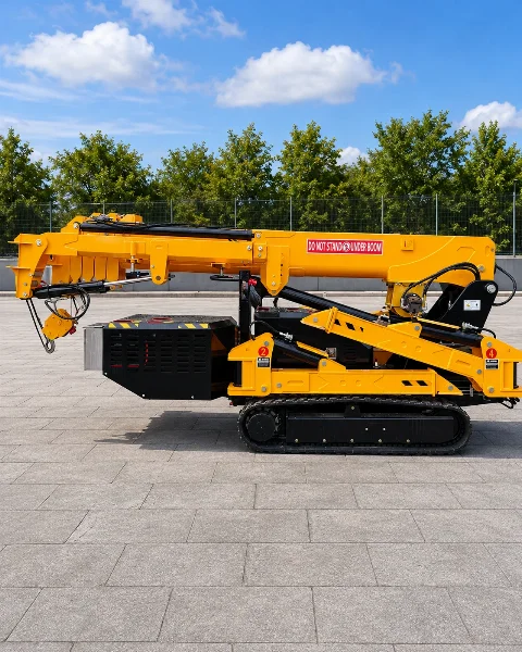 BAUTRAX SPC50 mini crawler crane side profile with the boom extended horizontally on a paved plaza
