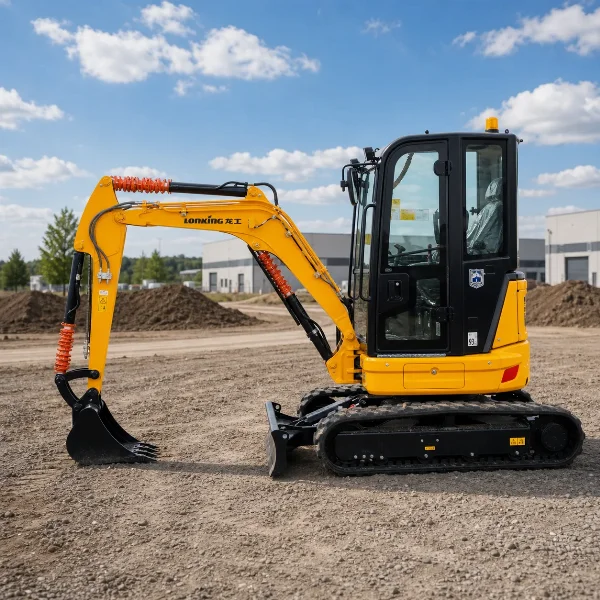 Side profile of the CDM6025 showing compact track footprint and digging arm reach.