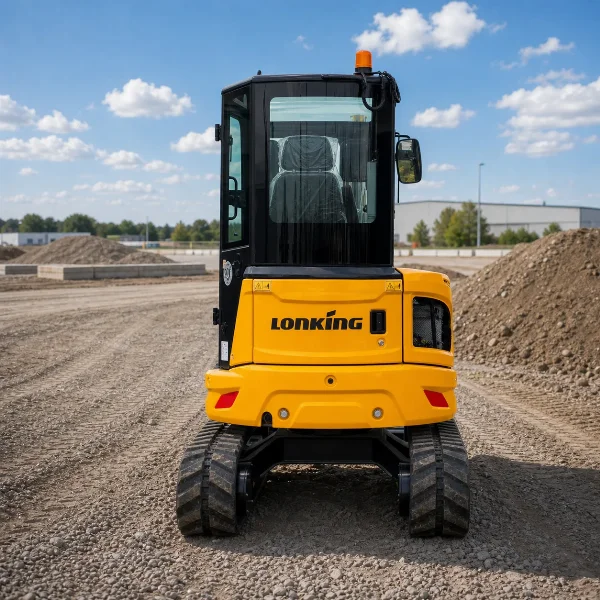 Rear view of the CDM6025 showing Lonking branding, rear body and compact excavator stance.