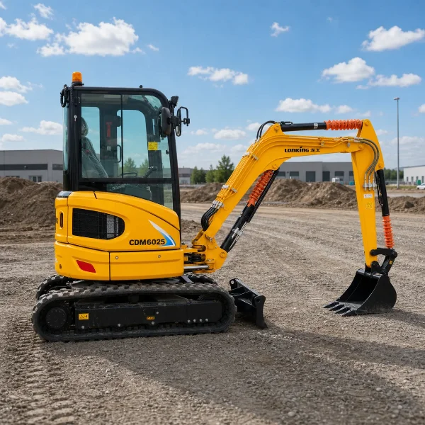Left-side view of the CDM6025 mini excavator on a clean prepared worksite surface.