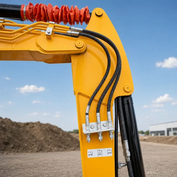 Boom hydraulic hoses and cylinder detail on the Lonking CDM6025 mini excavator.