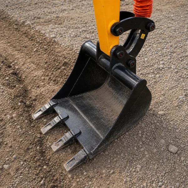 Bucket and tooth detail for the CDM6025, useful for trenching and digging inspection.