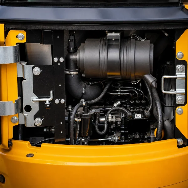 Open engine bay view of the Lonking CDM6025 showing accessible service components.